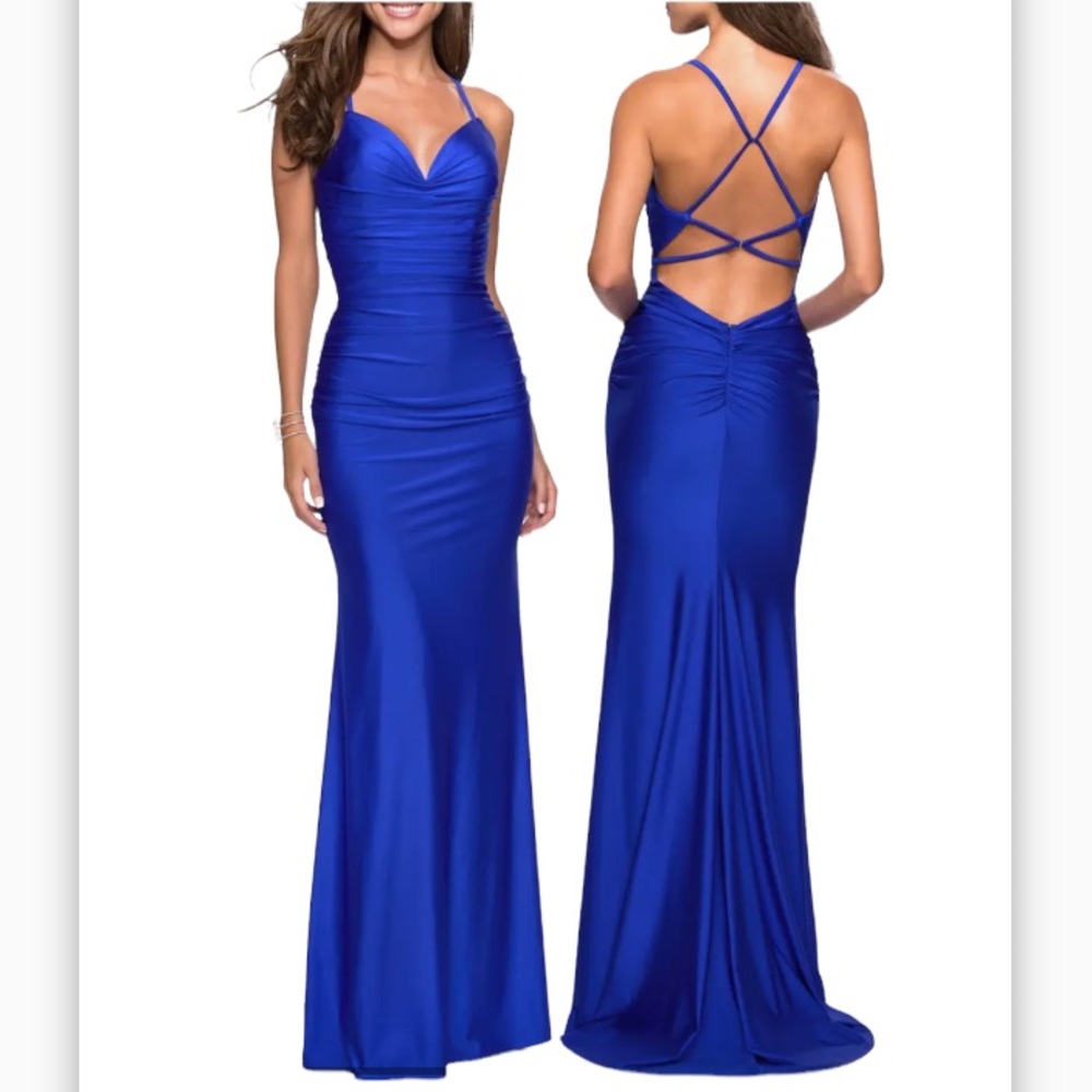 NEW LA FEMME Strappy Back Ruched Trumpet Gown in Sapphire Blue